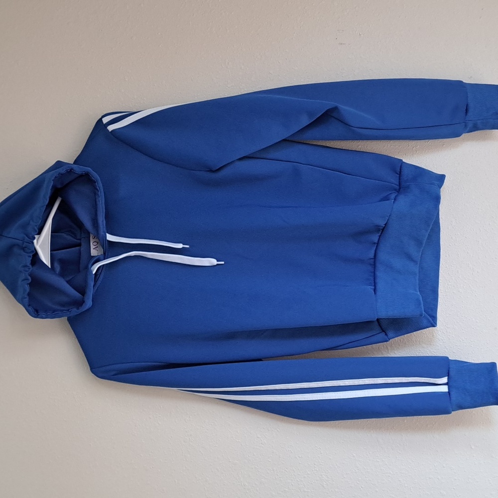 AQ Sport Women's Pullover Hoodie Sweatshirt Blue White Arm Stripes Gym Sporty S
